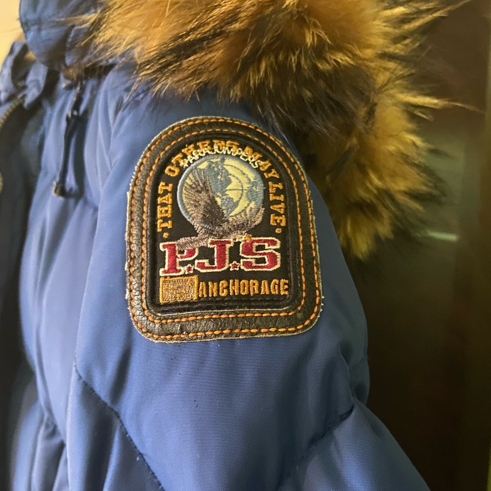 Parajumpers Blue Puffer Jacket with Brown Real raccoon  Fur, USED FAIR CONDITION